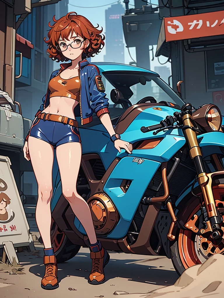 (masterpiece), (best quality), (1 girl),adult, red copper hair,((brown eyes)),curly hair, (short curly hair), anime style, freckles, (small breasts),(petite figure), (blue outfit),(cyberpunk clothes)),legs, desert background, (gold glasses)