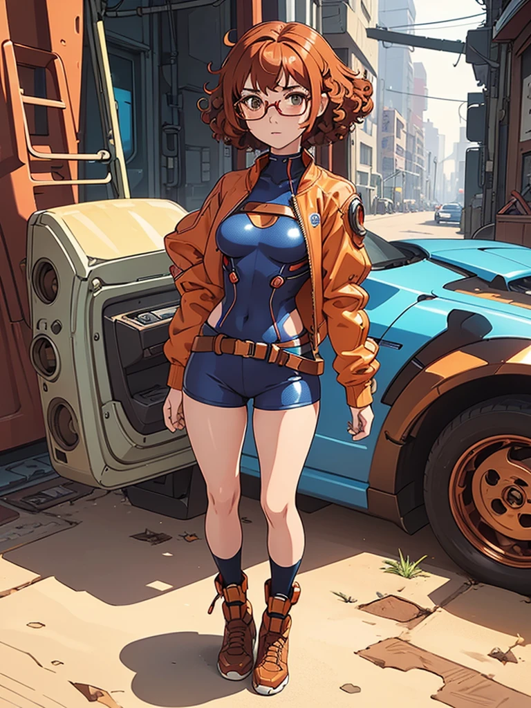 (masterpiece), (best quality), (1 girl),adult, red copper hair,((brown eyes)),curly hair, (short curly hair), anime style, freckles, (small breasts),(petite figure), (blue outfit),(cyberpunk clothes)),legs, desert background, (gold glasses)