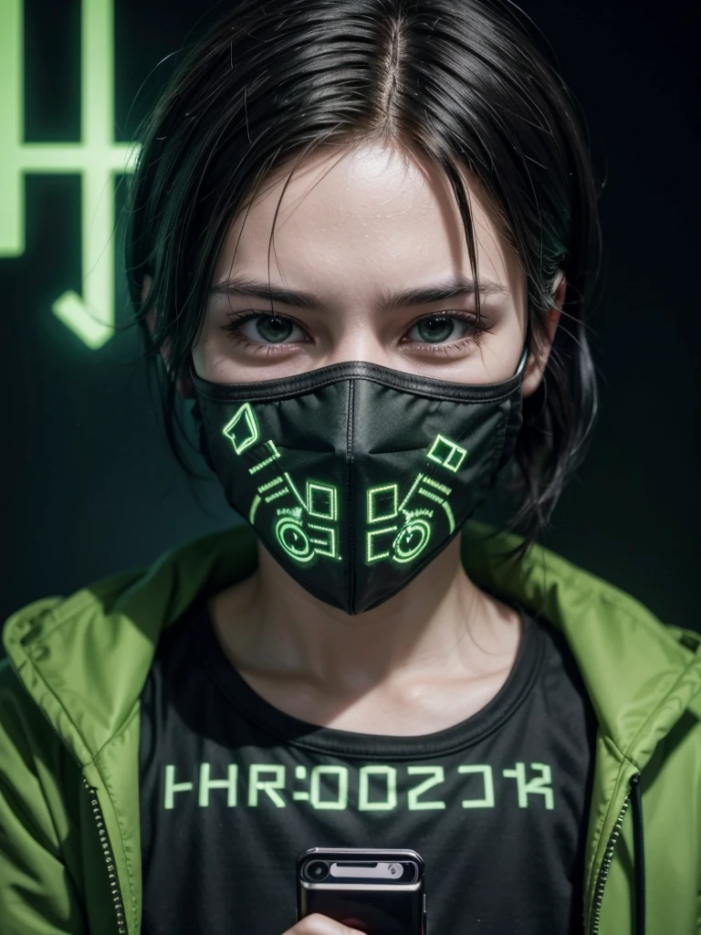 Image of a hacker wearing a mask unlocking a smartphone , in the background green numbers and letters , Matrix effect,