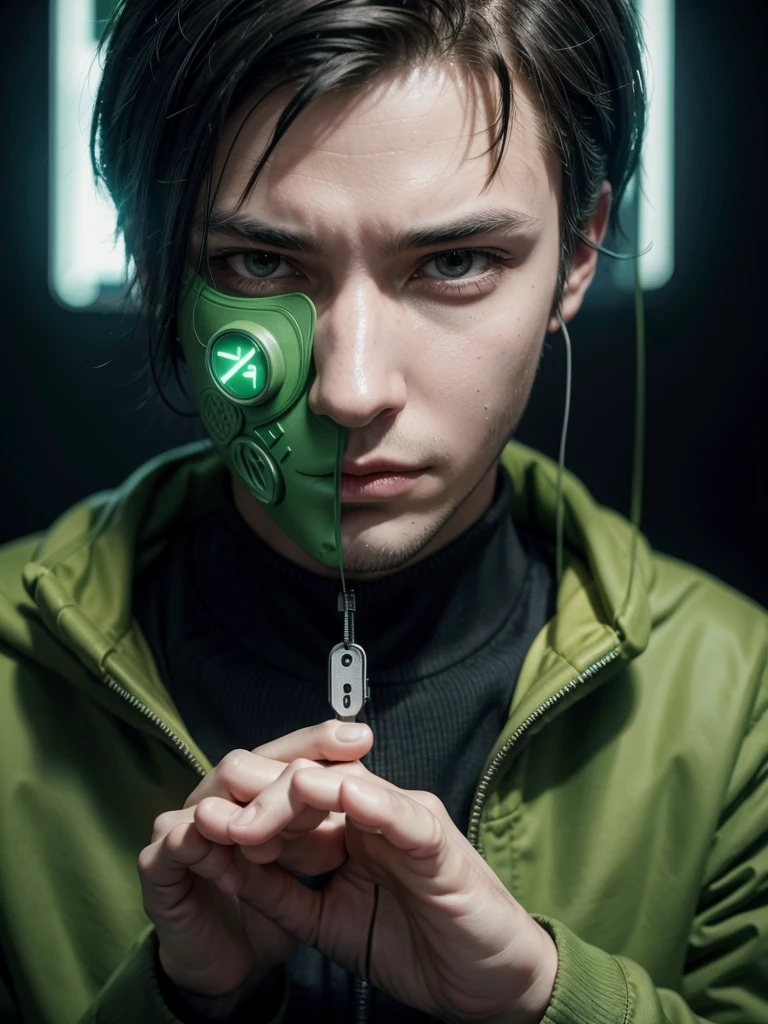Image of a hacker wearing a mask unlocking a smartphone , in the background green numbers and letters , Matrix effect,