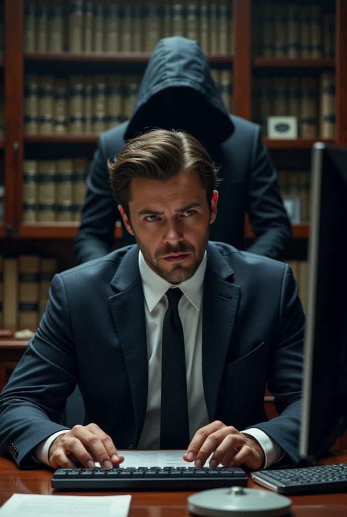 Create an image of a lawyer man sitting in front of a computer and in the background or behind him a black figure or a man in a black sweatshirt and hooded without his face being seen. 