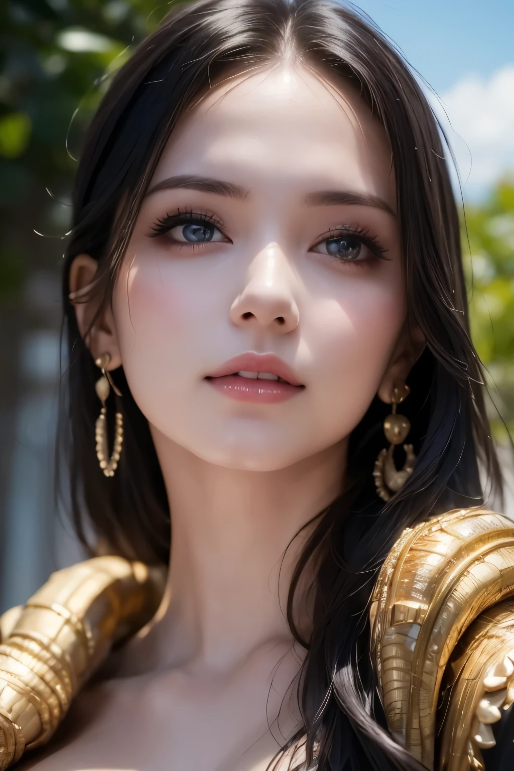 (masterpiece), (best quality), (realistic), nikon RAW photos, Fuji XT3, (detailed,  (((Full and soft breasts,)))(((huge breasts))) (((split)))Two young female captains, big eyes, Gold snake earrings, Look far away), sensual, (ultra detailed), 8k, 4K, complicated, superior_body, detailed_face, optimal lighting, outdoor, cosmetics, bleach background, low level,(masterpiece, best quality:1.4), (face focus:1.5), Out, (Close to the sea), 1 girl, lonely, Hancock 1, 1 girl, Boya Hancock, ((big bust:1.6)), split, long hair, epaulettes, headlands, (white headlands:1), top of the crop, long sleeves, Side slit, (young european woman:1), Looking at the audience, beautiful smile, beautiful face, highly detailed face, highly detailed eyes, subsurface scattering, realistic pupils, full face blush, full lips, detailed background, depth of field, volumetric lighting, clear focus, absurd, realistic proportions, (realistic, hyperrealistic:1.4), 16k high dynamic range