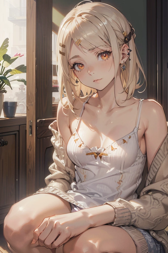 Photorealistic:1.5, Beautiful woman, hairstyle that bounces outward, (medium hair:1.5), (platinum blond hair:1.5), (platinum blond colored eyelash:1.5), (parted bangs:1.5), (amber color eyes:1.5), (sleepy face:1.5), blush:1.2, (tilt one's head:1.5), (hairpin:1.3), (masterpiece:1.3), (best quality:1.3), high-resolution, Head-on angle, Body facing forward, solo, beautiful detailed eyes, mid day, (((best quality, textile shading, ultra detailed))), extremely detailed CG unity 8k wallpaper, Highly Detailed beautiful and aesthetic, high resolution, detailed, dramatic lighting, 1Character, soft, gentle colors, (small breast:1.5), (white camisole:1.5), (super long hem summer cardigan:1.5), (skinny:1.5), blur background, downtown:1.5, squatting:1.2, armpit:1.5,