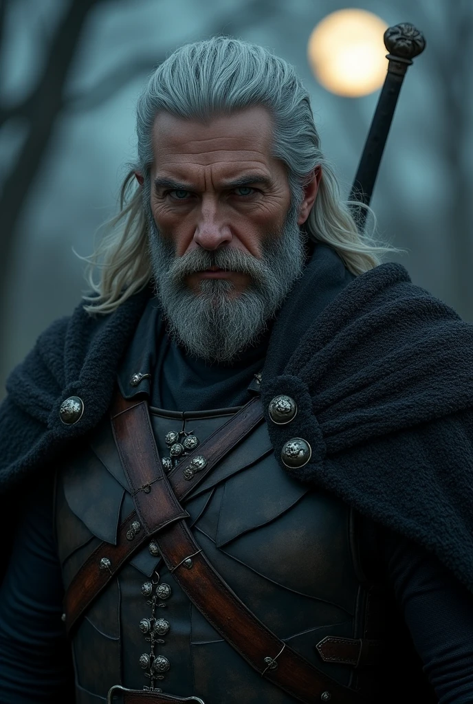 Actor Travis Fimmel (travis fimmel) Geralt of Rivia (Geralt of Rivia) Night portrait of, his face is illuminated by the full moon, He has a beard, Model shooting style (Extremely detailed CG Unity 8K), Full-frame photography of the world&#39;s most beautiful works of art, Medieval wizard armor, Greg Rutkowski&#39;s professional majestic paintings, Popular on artstation, Popular on CGsociety, complex, Very detailed, Be focused, dramatic, Midjourney&#39;s realistic paintings
