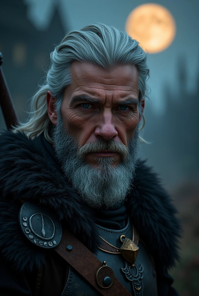 Actor Travis Fimmel (travis fimmel) Geralt of Rivia (Geralt of Rivia) Night portrait of, his face is illuminated by the full moon, He has a beard, Model shooting style (Extremely detailed CG Unity 8K), Full-frame photography of the world&#39;s most beautiful works of art, Medieval wizard armor, Greg Rutkowski&#39;s professional majestic paintings, Popular on artstation, Popular on CGsociety, complex, Very detailed, Be focused, dramatic, Midjourney&#39;s realistic paintings