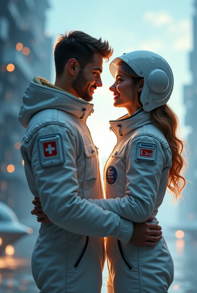 Creat a programmer and astronaut, programmer very good person and his age is 21 and astronaut she is a good person too her age 23 and both professional and ther in love make it cool decent and make it front look in this image programmer is boy whos age is 21