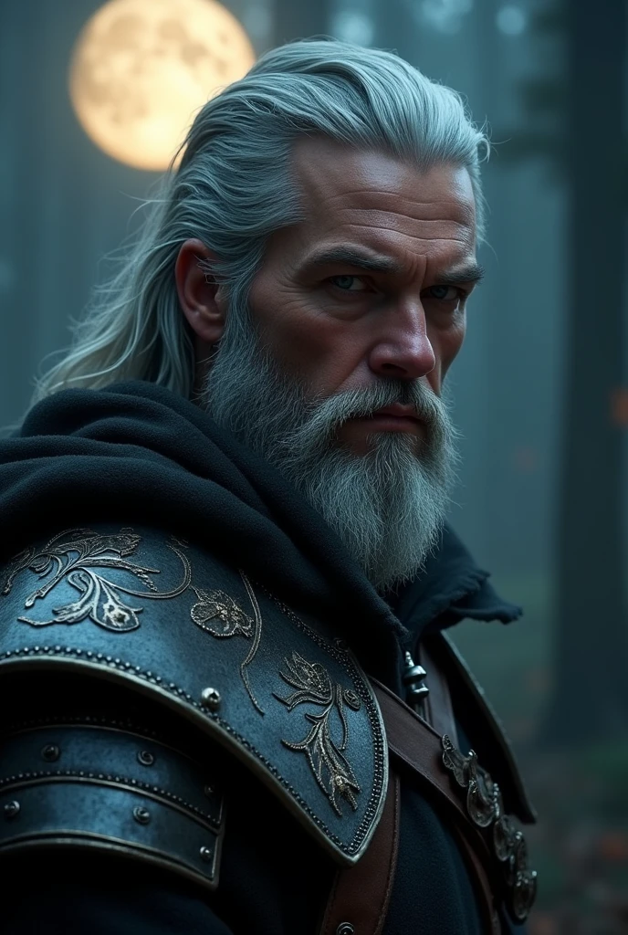 Actor Travis Fimmel (travis fimmel) Geralt of Rivia (Geralt of Rivia) Night portrait of, his face is illuminated by the full moon, He has a beard, Model shooting style (Extremely detailed CG Unity 8K), Full-frame photography of the world's most beautiful works of art, Medieval wizard armor, Greg Rutkowski's professional majestic paintings, Popular on artstation, Popular on CGsociety, complex, Very detailed, Be focused, dramatic, Midjourney's realistic paintings