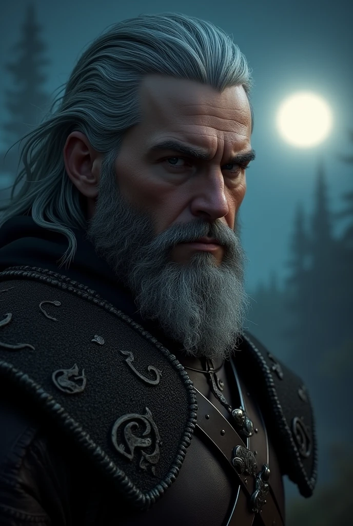 Actor Travis Fimmel (travis fimmel) Geralt of Rivia (Geralt of Rivia) Night portrait of, his face is illuminated by the full moon, He has a beard, Model shooting style (Extremely detailed CG Unity 8K), Full-frame photography of the world&#39;s most beautiful works of art, Medieval wizard armor, Greg Rutkowski&#39;s professional majestic paintings, Popular on artstation, Popular on CGsociety, complex, Very detailed, Be focused, dramatic, Midjourney&#39;s realistic paintings