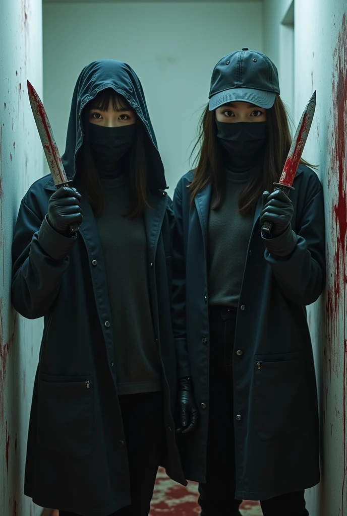 2 korean girls, (holding knife, black surgical mask), stabbing, black leather gloves, entrance of the house, black raincoat, trucker hat, girl only, bloody knife, leather gloves, looking at viewer, white room, blood splatter, night, mass murderer, killer, blood splatter, bloody room, behind multiple stiff, behind multiple cadaver,