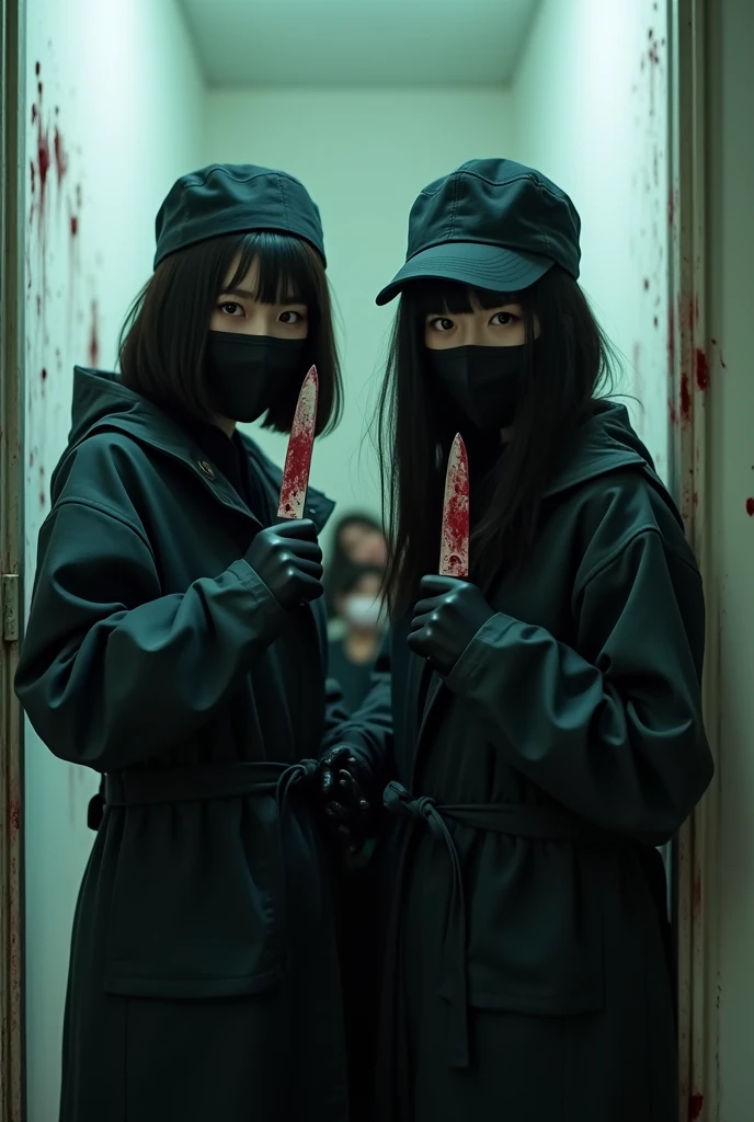 2 korean girls, (holding knife, black surgical mask), stabbing, black leather gloves, entrance of the house, black raincoat, trucker hat, girl only, bloody knife, leather gloves, looking at viewer, white room, blood splatter, night, mass murderer, killer, blood splatter, bloody room, behind multiple stiff, behind multiple cadaver,
