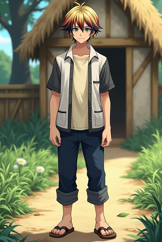 1 fantasy anime handsome boy with short and tidy "mix of blonde and black hair with a little of red hair" . Shiny green eyes with red halo around the pupils. White shirt with gray short sleeves and black edges, cream colored t-shirt underneath. The buttons are closed. Standing in front of the door of a house with straw walls and a hay roof. Among the greens and a single big tree facing. Old navy pants and old brown sandals. strong and rather tall body .