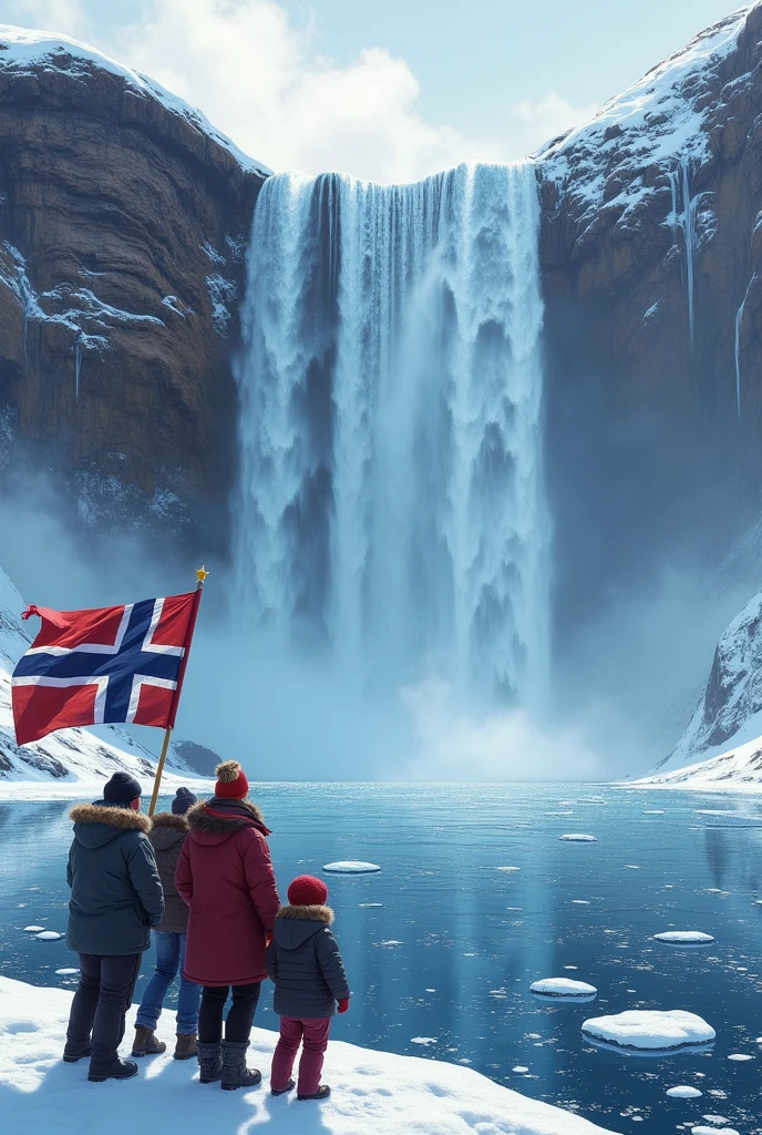 Huge Waterfall in snow in the sea.and tourists.and flag with blue,red,white nordic-cross colored and white star on the flag.not norway flag