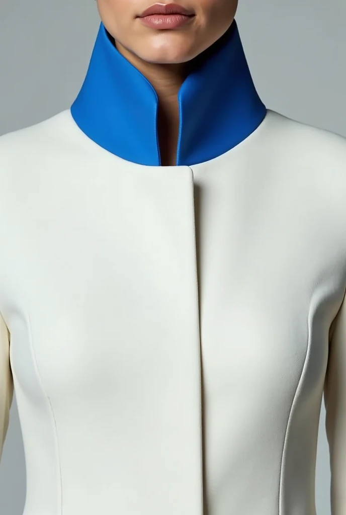 Create a closed white formal women&#39;s jacket with a blue high collar
