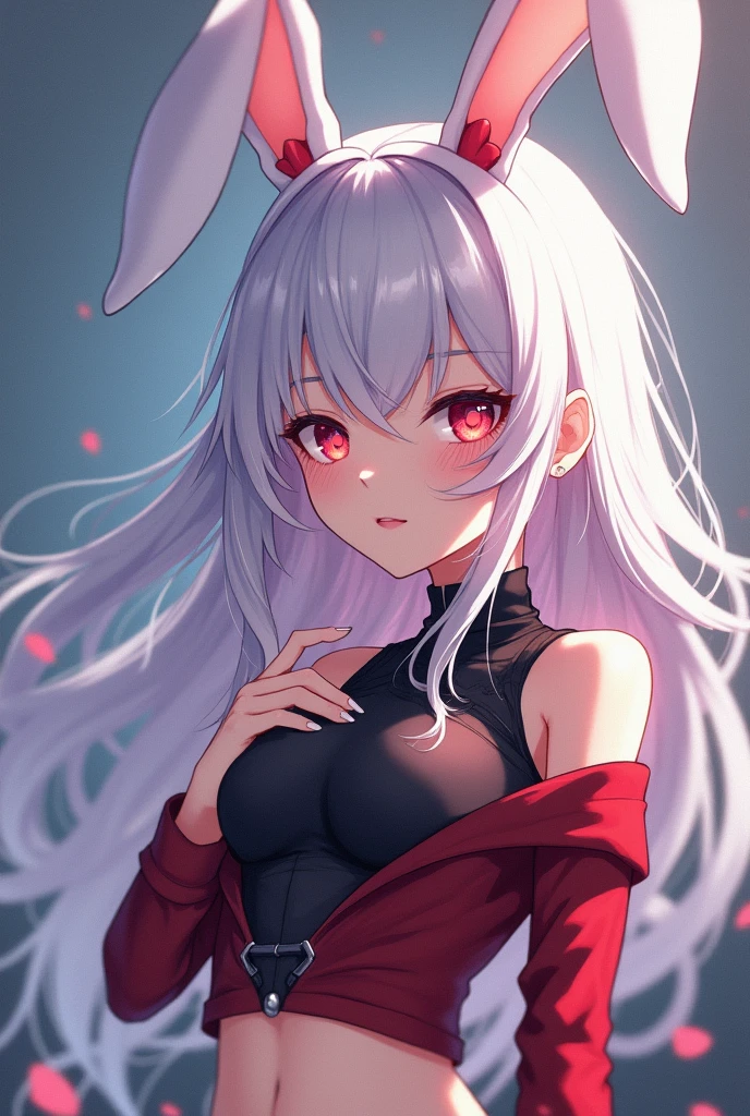 create a female anime character with white hair with rabbit accessories with semi-short red and black clothes and red or blue eyes