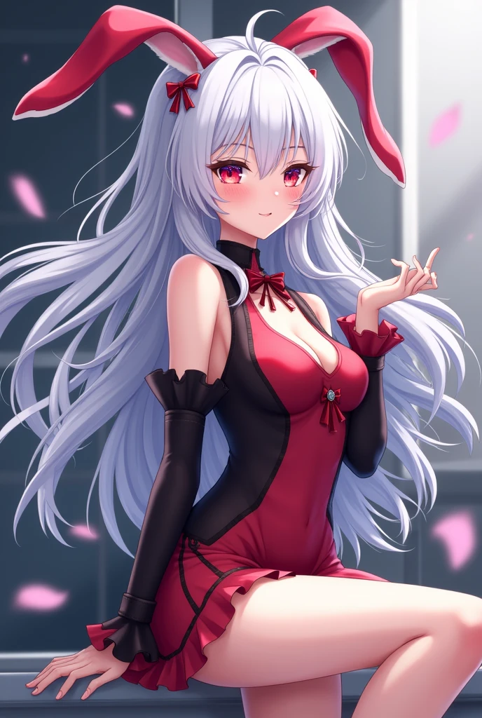 create a female anime character with white hair with rabbit accessories with semi-short red and black clothes and red or blue eyes