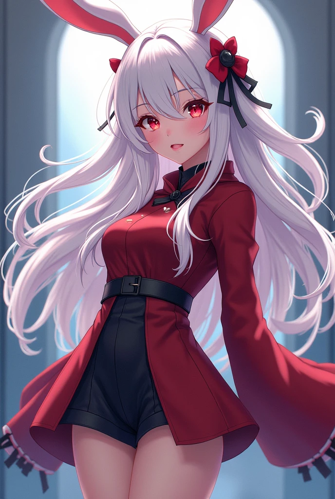 create a female anime character with white hair with rabbit accessories with semi-short red and black clothes and red or blue eyes