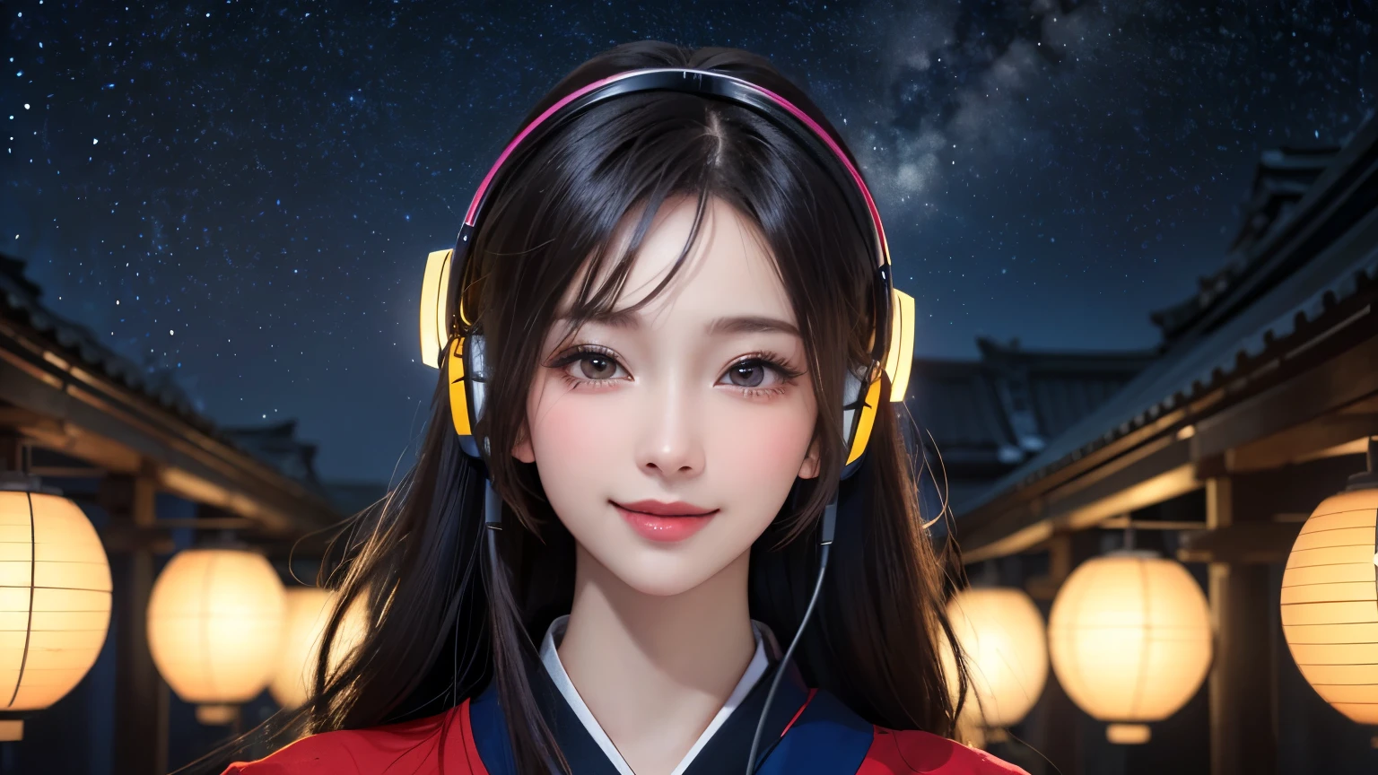 ((japanese kimono)), (cowboy shot), winter, snow:1.3, (UHigh resolution, retina, masterpiece, Accurate, Anatomically correct, Textured skin, Super detailed, Attention to detail, high quality, High resolution, 1080p, 4K, 8k, 16K), (Beautiful fine details, Beautiful lip detail, Highly detailed eyes and face), Soft lighting, Physically Based Rendering, Vibrant colors, (Portraiture, Shiny Hair, Shiny skin), (Bokeh), Eye Reflexes, ((headphones)), ((background: night, starry sky)), ((ukiyo-e style)), ((smile)), ((1 girl)),