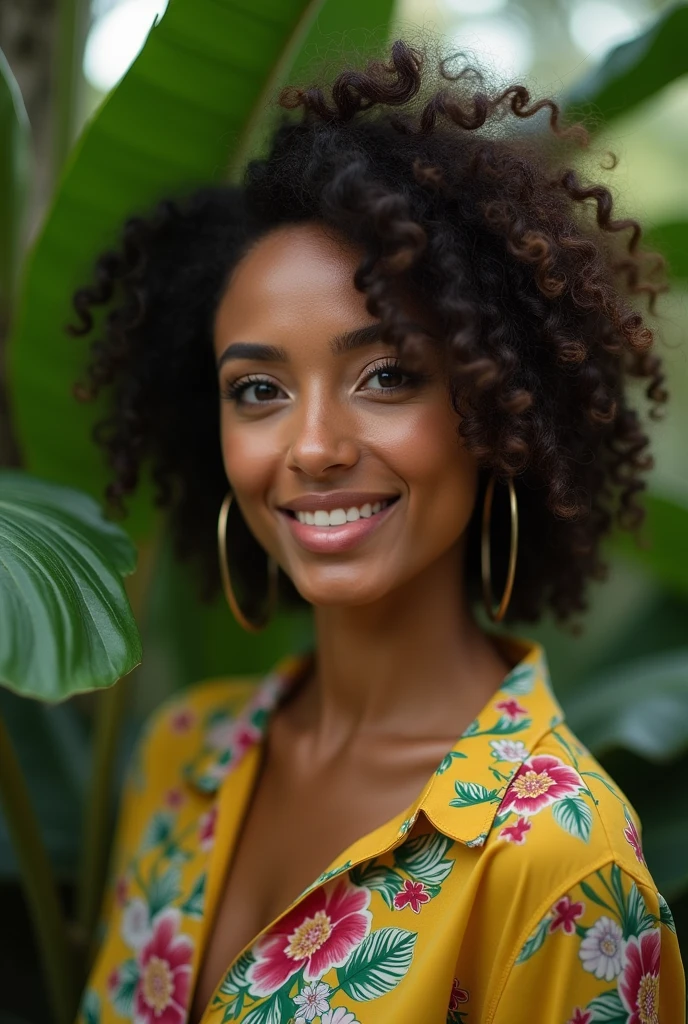 A Brazilian woman in a lush tropical garden, wearing an open shirt with a floral print, with a close-up capturing the harmonious beauty between her breasts and the natural flowers, showing off your natural charm and outgoing personality.