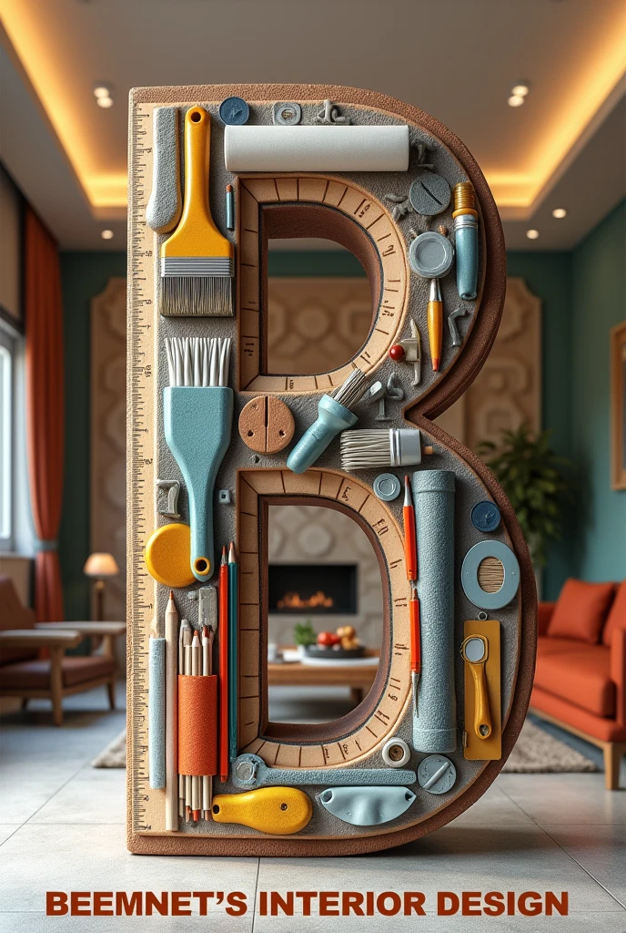 A huge letter B tilted made out of "house building materials like brush,ruller,Pencil, Roller, safty golves,Googl eye glass",background inside view of well designed house with" ceiling ,lights ,designed walls,tables, sofas and table, write boldly "Beemnet's interior Design" at the bottom