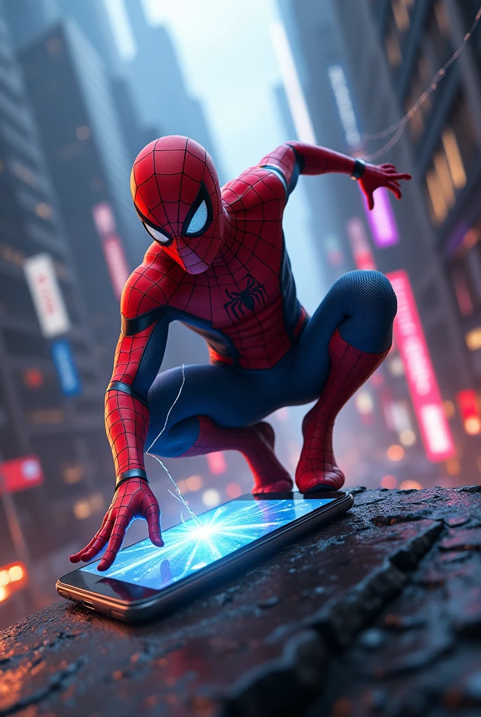 Generate an image of spiderman who shoots his web into the mobile screen