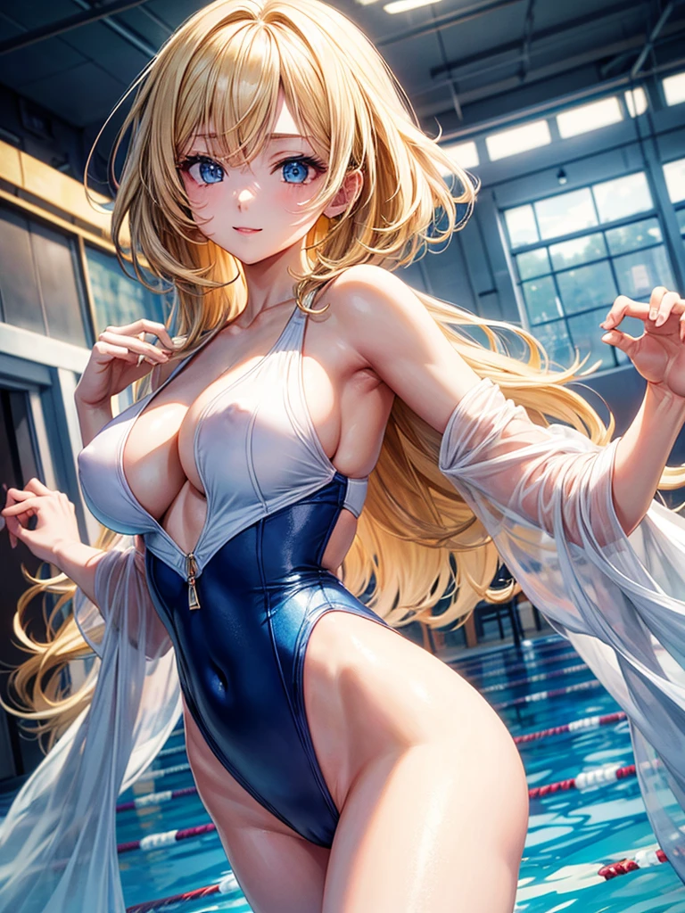 Anime style, super fine illustration, super clear illustration, highly detailed, beautiful detailed, super pale tone image, super delicate illustration, super calm & static image, sexy posing Portrait, static representation, gentle expression, 8k, angle from behind, pretty 1girl with blonde straight short hair & blue eyes & a bright smile & Big breasts & nipples & soft fair skin is wearing the competitive swimsuit in the swimming pool, happy stories, solo, perfect fingers, perfect arms, perfect legs, masterpiece,