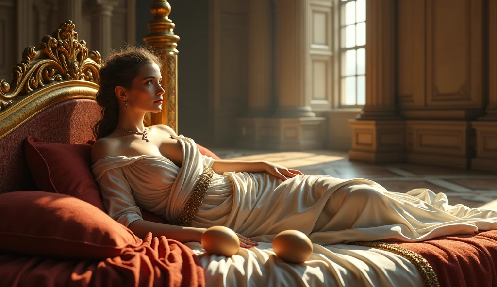 (photorealism:1.2), Two eggs beside beautiful greek goddess lying on bed in a big castle room renaissance period 
