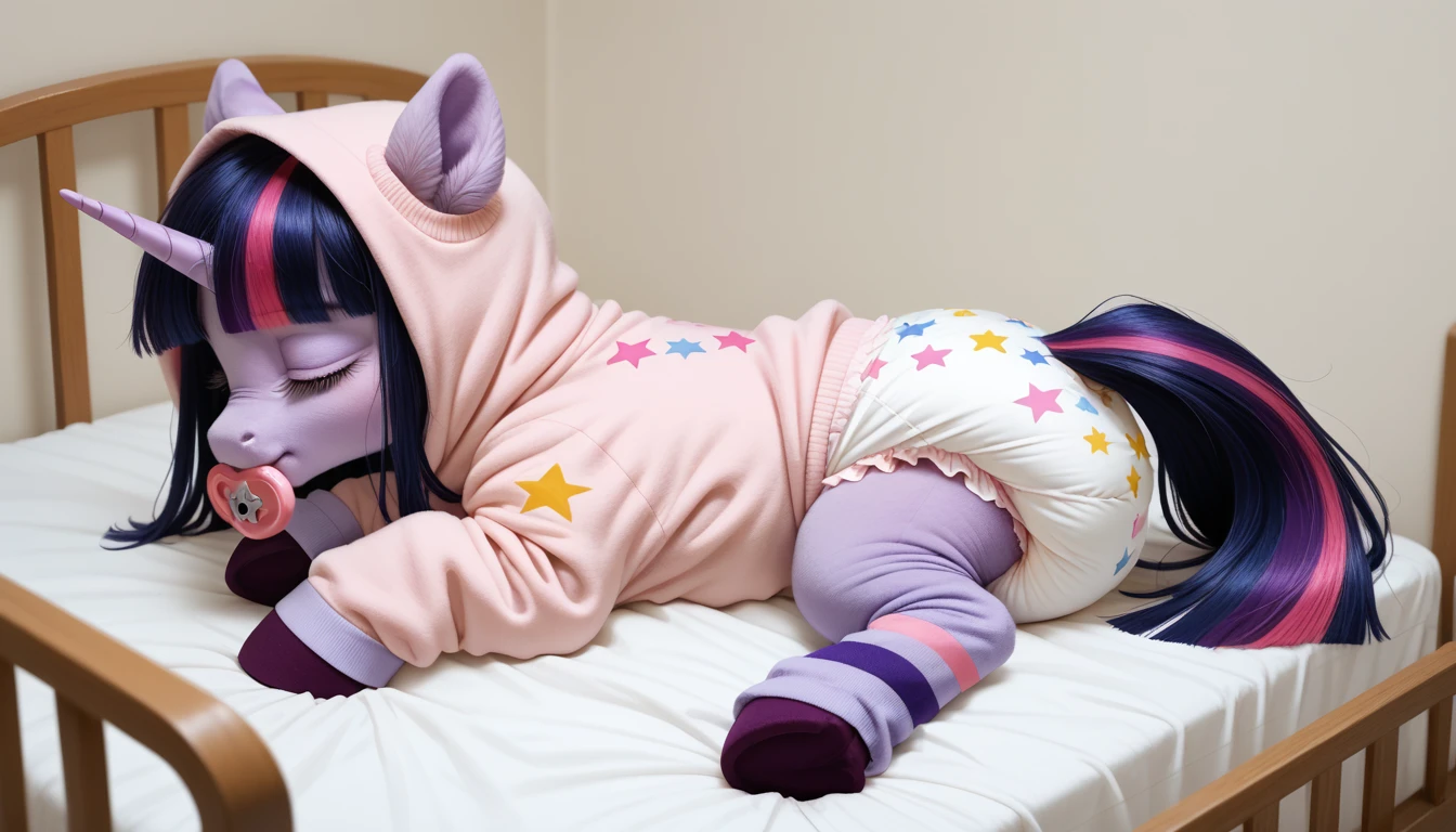 pony, purple unicorn, dark blue mane with purple streak and pink streak, the tail is dark blue with a purple strand and a pink strand, closed eyes, on the side close to the back hoof is a drawing of a pink star with six small stars around a central star, adult mare, sleeps in an adult-sized crib, wearing an adult-sized onesie and booties, baby adult size pacifier in mouth, solo, thick diaper under clothes.