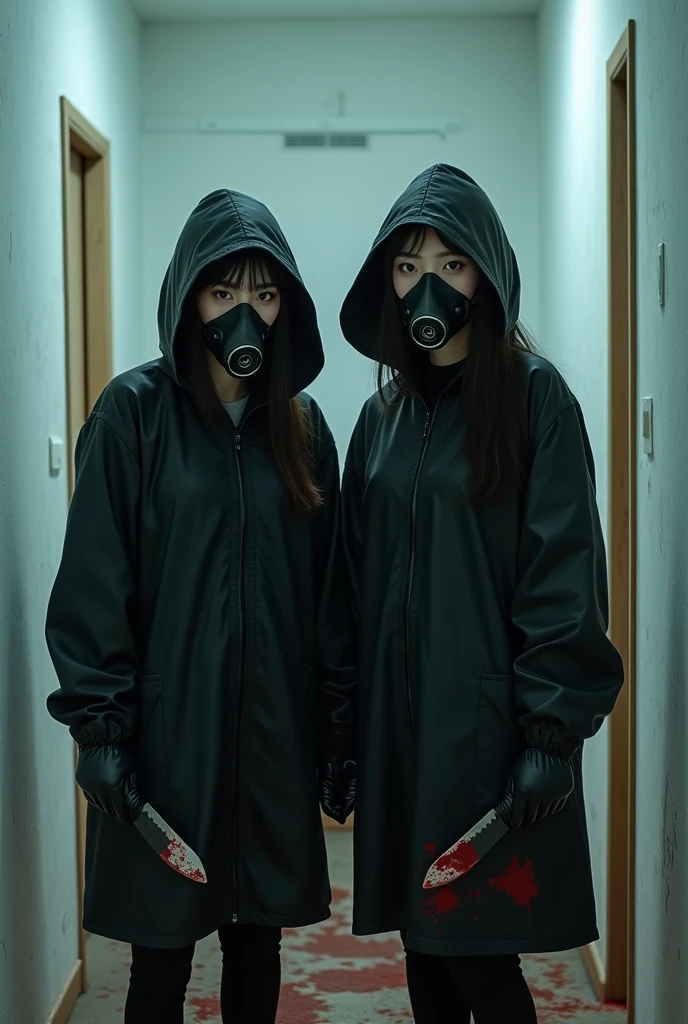 2 korean girls, (holding knife, black gas mask), stabbing, black leather gloves, entrance of the house, black raincoat, hood up, girl only, bloody knife, leather gloves, looking at viewer, white room, blood splatter, night, mass murderer, killer, blood splatter, bloody room, behind multiple stiff, behind multiple cadaver,