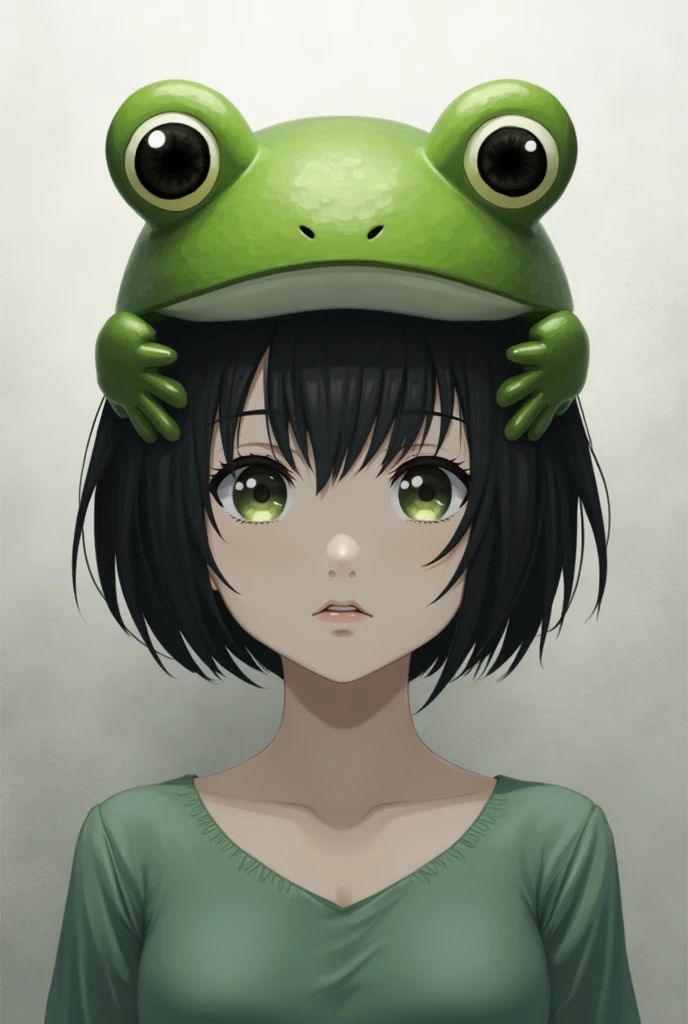 Frog headgear、Short Bob、Shamefully hiding one&#39;s face、Black Hair、Looking up