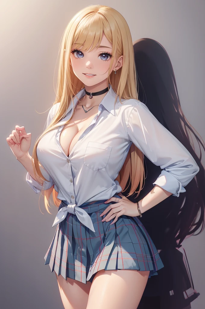 (masterpiece, best quality, ultra-detailed, ultra-HD, photorealistic, cinematic), (alluring anime girl), (Marin Kitagawa), perfect body, , perfect face, perfect hands, delicate face, (large cleavage), round ass, (long round legs), (wide shot, full body view:1.5), (golden blonde hair, peachy pink gradient at the ends), (waist length hair),(wearing high school uniform, a shirt tied at the waist with the sleeves rolled up, a skirt plaid above the knee, and a slightly loosened tie, along with a choker, necklace, and a chain on her wrist, her uniform has a chest pocket on the right), (standing, pose), (gradient background), fuchsia eyes, detailed pupils, nude lips, blushing, (slightly parted lips), psycho smile, excited smile