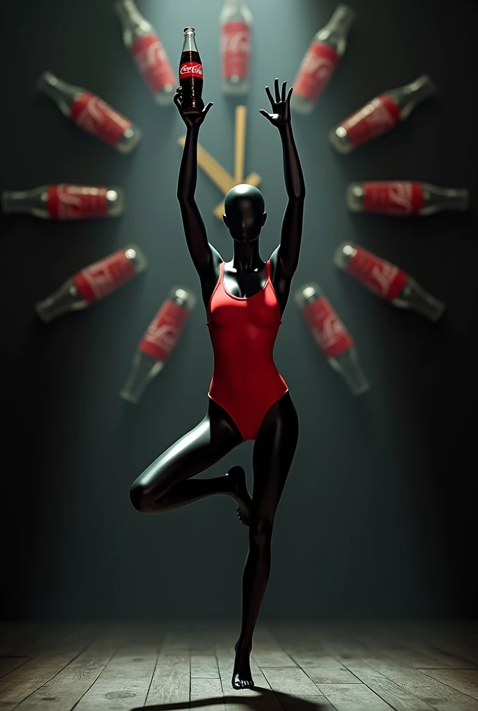 shop window with a black mannequin in a red swimsuit holding a coca cola in a floating yoga position, in the middle of a clock whose hands are coca cola bottles, on a dark background and highlighted in the middle