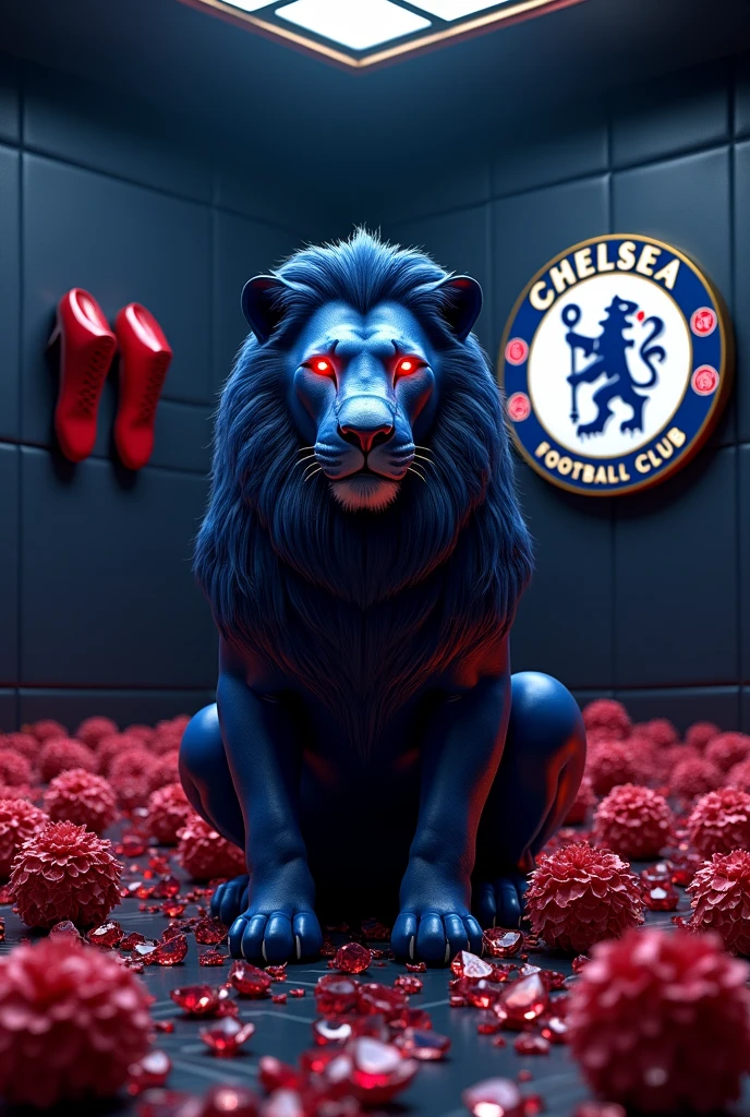 a lion in a dark blue robot suit in a dark blue room. The lion is sitting. the lion's eyes are glowing red. around the lion are fragrant flowers made of red diamonds. and the chelsea football club logo on the wall. the chlesea football club's logo must be clearly visible. the chelsea's logo is on the right wall. and two red football boots hang on the wall to the left. the room is rhombus