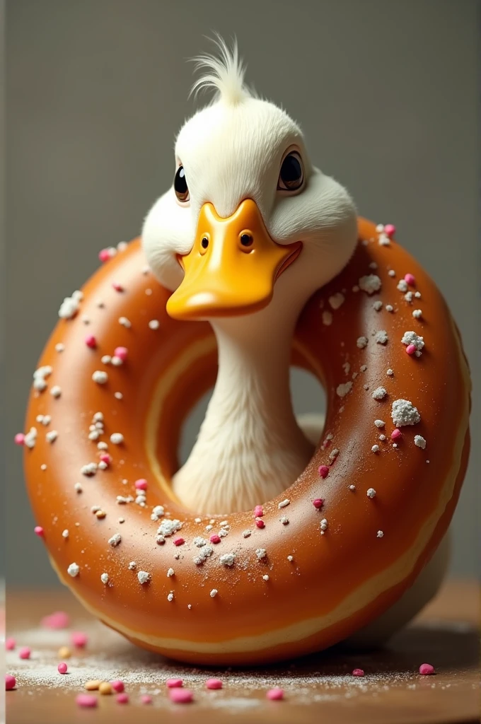 A duck's head in the middle of a donut
