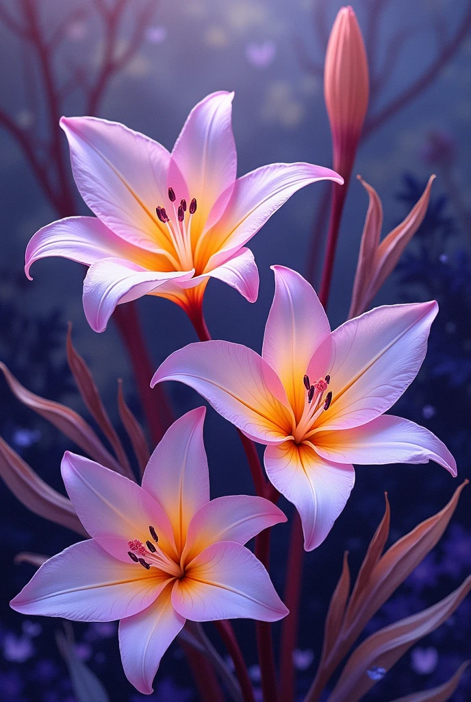 flower, a few of violet lilies ,in the style of light yellow and orange in the center, dreamy and romantic compositions, pale yellow, ethereal foliage, playful arrangements,fantasy, high contrast, ink strokes, explosions, over exposure, purple and red tone impression , abstract, ((watercolor painting by John Berkey and Jeremy Mann )) brush strokes, negative space, dark background, (water color: 1.4)