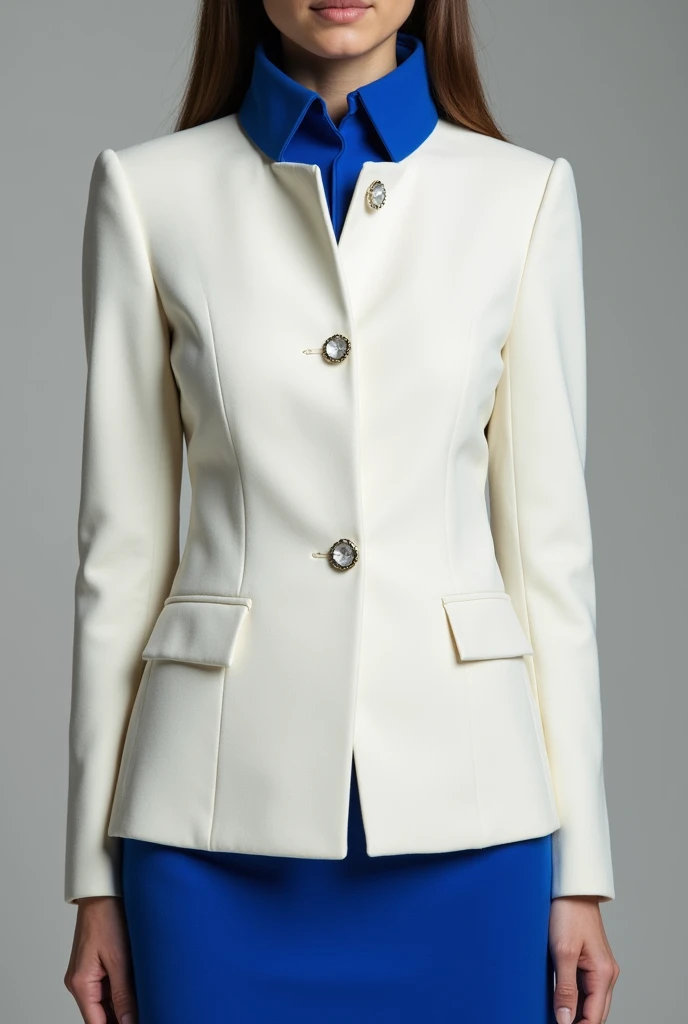 Create a closed white formal women's jacket with a blue high collar, add a blue skirt