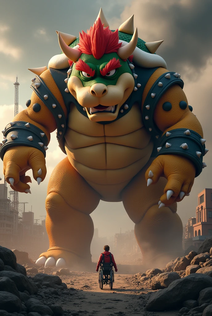 bowser getting bigger and bigger, destroying a city,looking at his claw, where there is a disabled person with love, Digital art
