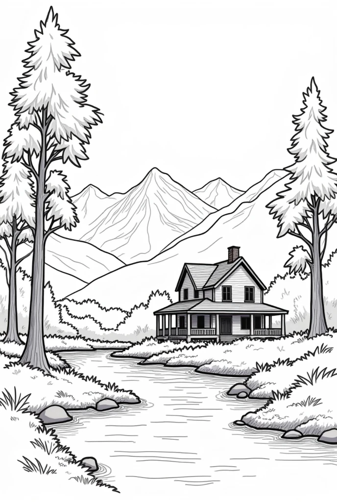 Landscape with a country house, trees, a river, mountains in the background, only outline of the drawing, black and white