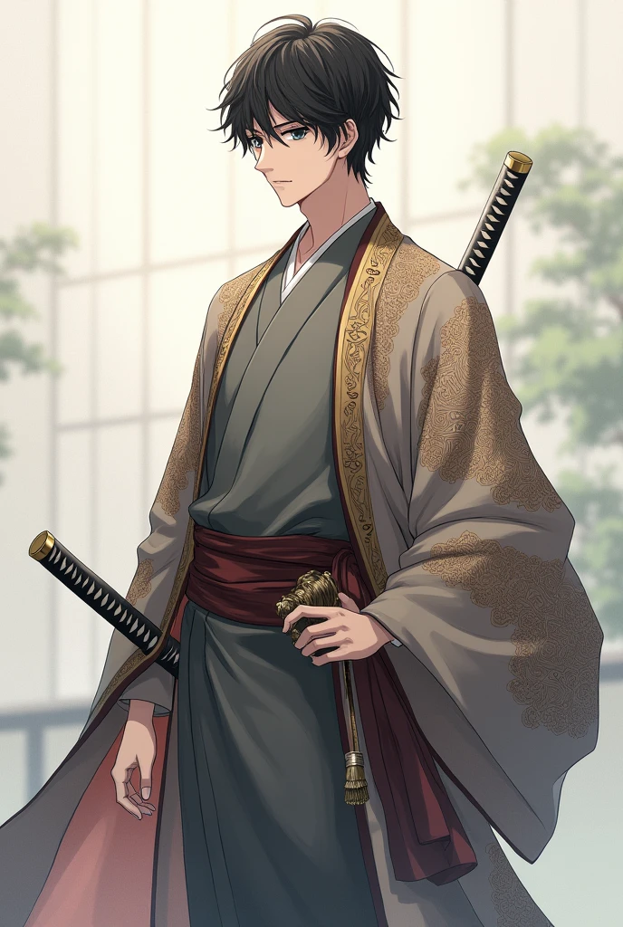 Um personagem masculino de anime, wearing a traditional training kimono, with a stylish and ornate overcoat or haori or cape, thrown over the shoulders, without arms in sleeves. The character must have a single katana in the sheath, belt grip, without any other visible weapon. The focus should be on the elegance and simplicity of the outfit., highlighting the detailed design of the kimono and cape.