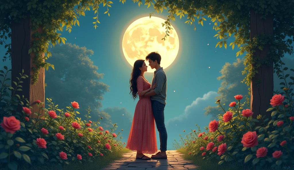 Here’s a detailed image prompt based on the song "Tumhe Dekha Toh":
"A romantic scene set in the 1990s, with a young couple meeting on a quiet, moonlit night. The backdrop is a serene garden filled with fragrant flowers. The girl is dressed in a simple yet elegant traditional Indian outfit, while the boy is in a casual yet charming attire. They are standing close, gazing into each other’s eyes with deep affection. The soft glow of the moonlight bathes the scene, creating a magical and dreamy atmosphere. In the background, there are hints of lush greenery, with vines and roses adding to the romantic setting. The overall mood is one of love and enchantment, capturing the essence of a classic 90s Hindi romantic song."
This prompt should evoke the nostalgic and romantic feel of the 90s era.