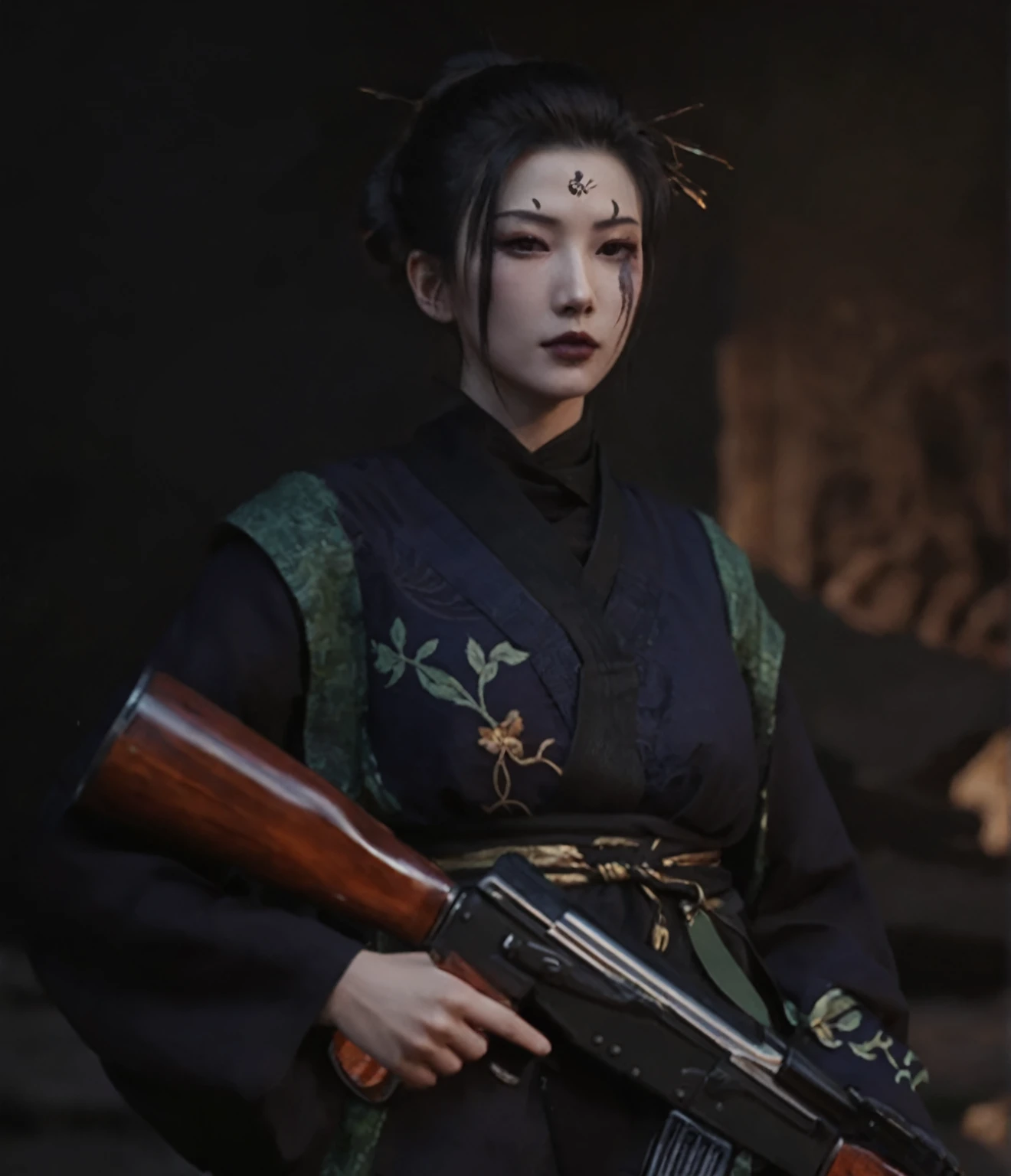 Woman in kimono holding a rifle, Samurai sword zero video game character, Inspired by the, very beautiful cyberpunk samurai, Female Samurai, she is holding a Samurai sword sword, Cyberpunk Geisha, ps5 movie screenshots, Ghost of Tsushima, Samurai sword, Inspired by Gu An, Samurai swords strapped to her back