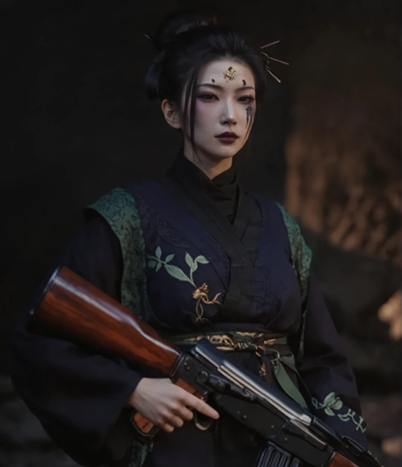 Woman in kimono holding a rifle, Samurai sword zero video game character, Inspired by the, very beautiful cyberpunk samurai, Female Samurai, she is holding a Samurai sword sword, Cyberpunk Geisha, ps5 movie screenshots, Ghost of Tsushima, Samurai sword, Inspired by Gu An, Samurai swords strapped to her back