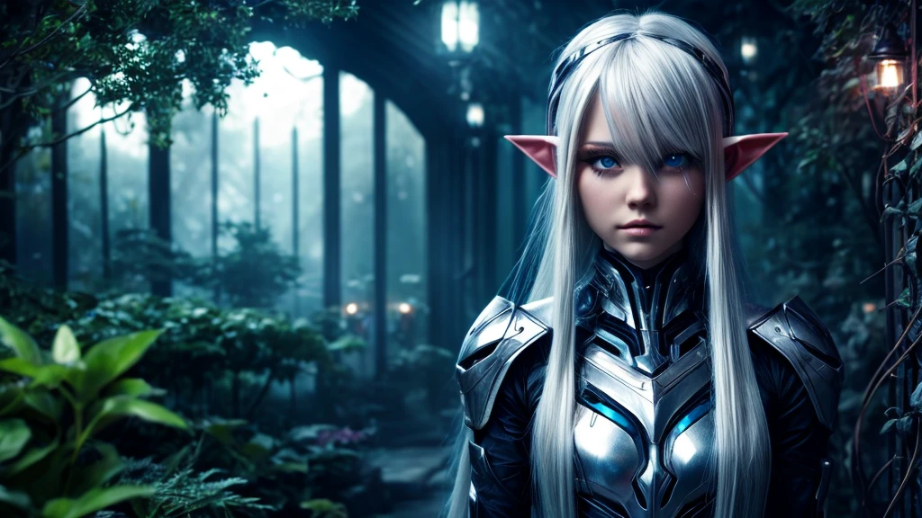cybernetic elf girl, long platinum hair, light dark garden