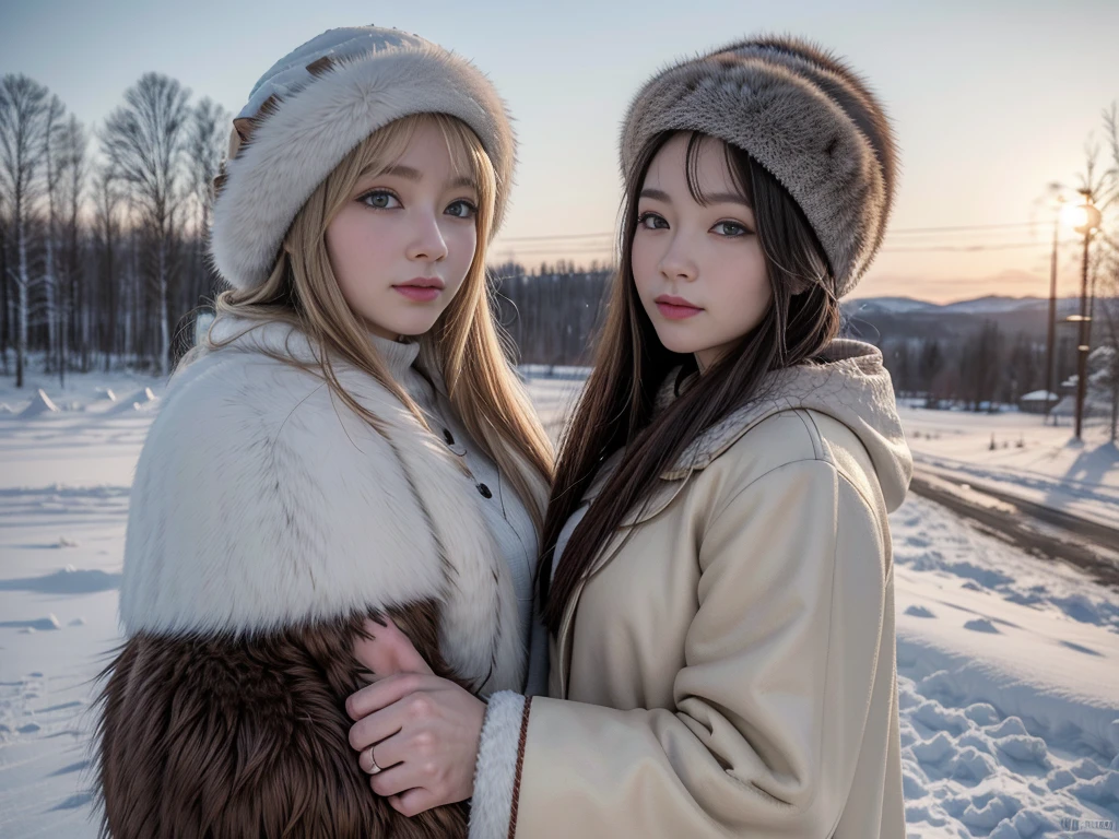 In the snowy Russian countryside、Wearing an old-fashioned mink fur coat、woman。Looking at this、(((Staring at the photographer、ペアのwoman)))