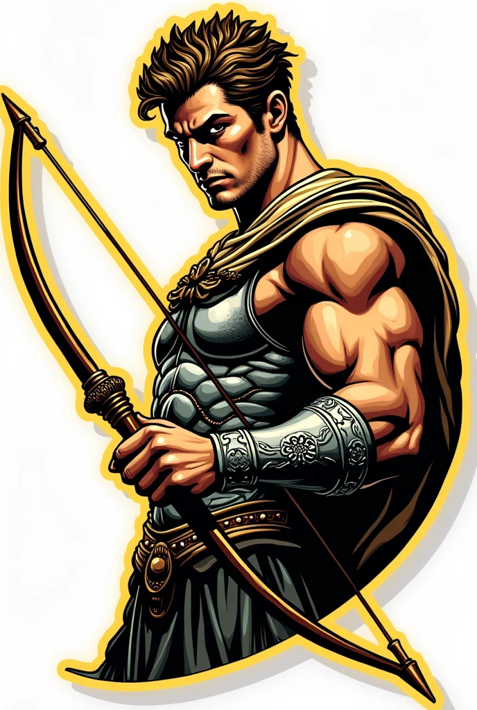 God Apollo wearing an armour and firing a bow and arrow. Make his face a little fierce and facing in front. Make it sticker-like with bold outline. It should be accurate as a logo. Don't put a background. He should be facing in front and make it brighter with touch of yellow. He should ba handsome also. Make it half body. Don't make cuts of other parts. It should be a full image.