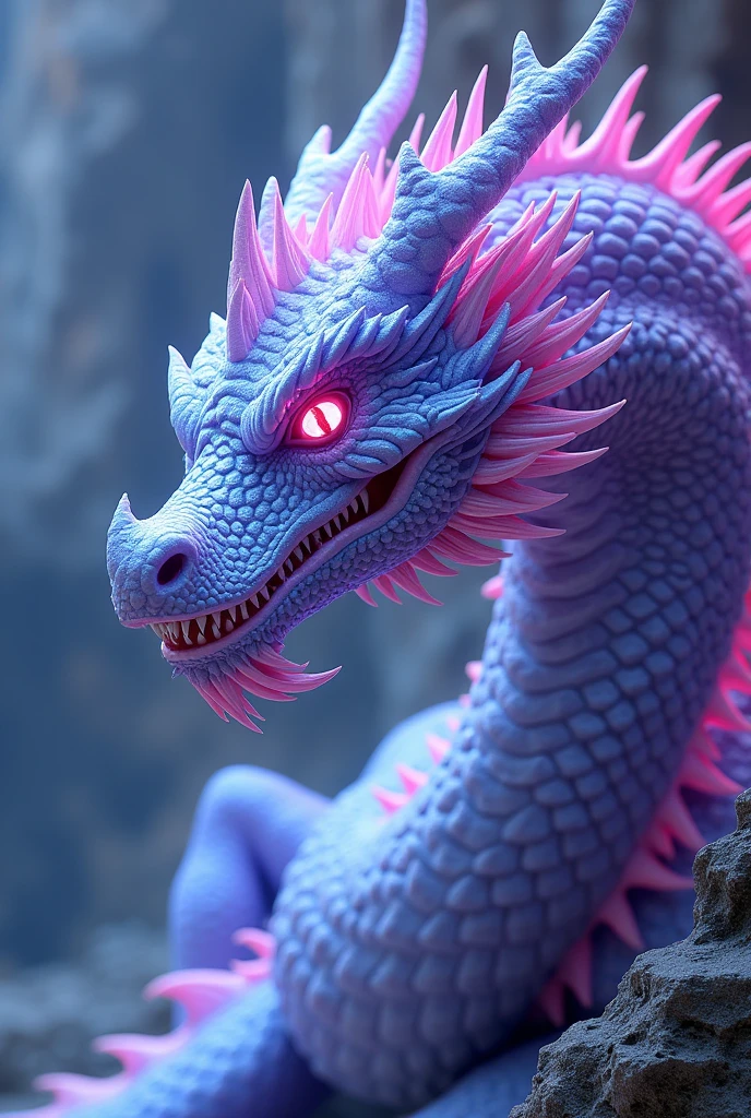 A robust dragon, of complex design that is fluorescent lilac and blue, 
bottomless