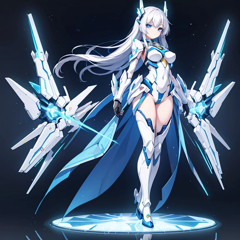 (One person:1.3),full_body,White and blue mechs,(Gundam:0.5),Very realistic,Glass-like translucency,Graceful pose,Blink and you&#39;ll miss it,Sci-fi light effects,(Lighting circuit board:1.6),Fighting Pose,beam,Great impact,A series of character actions, 