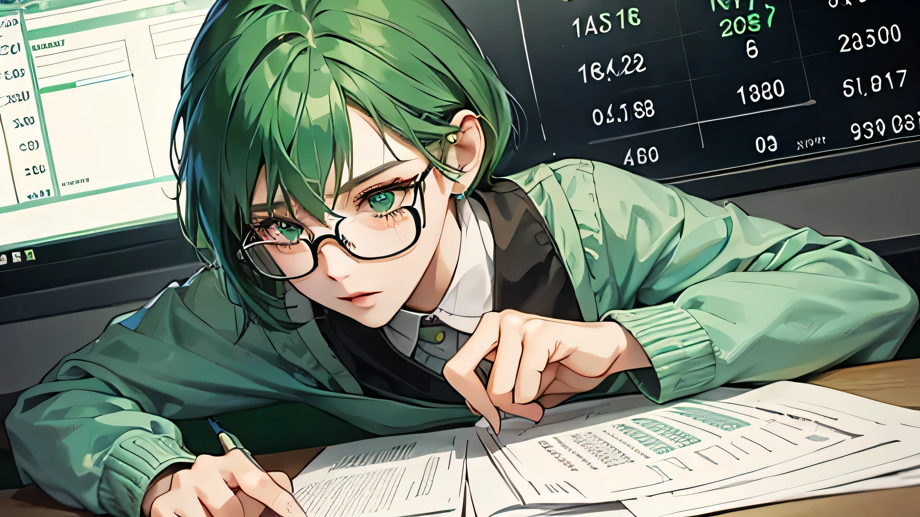 With a graph in the background、A beautiful green-haired woman with glasses doing calculations