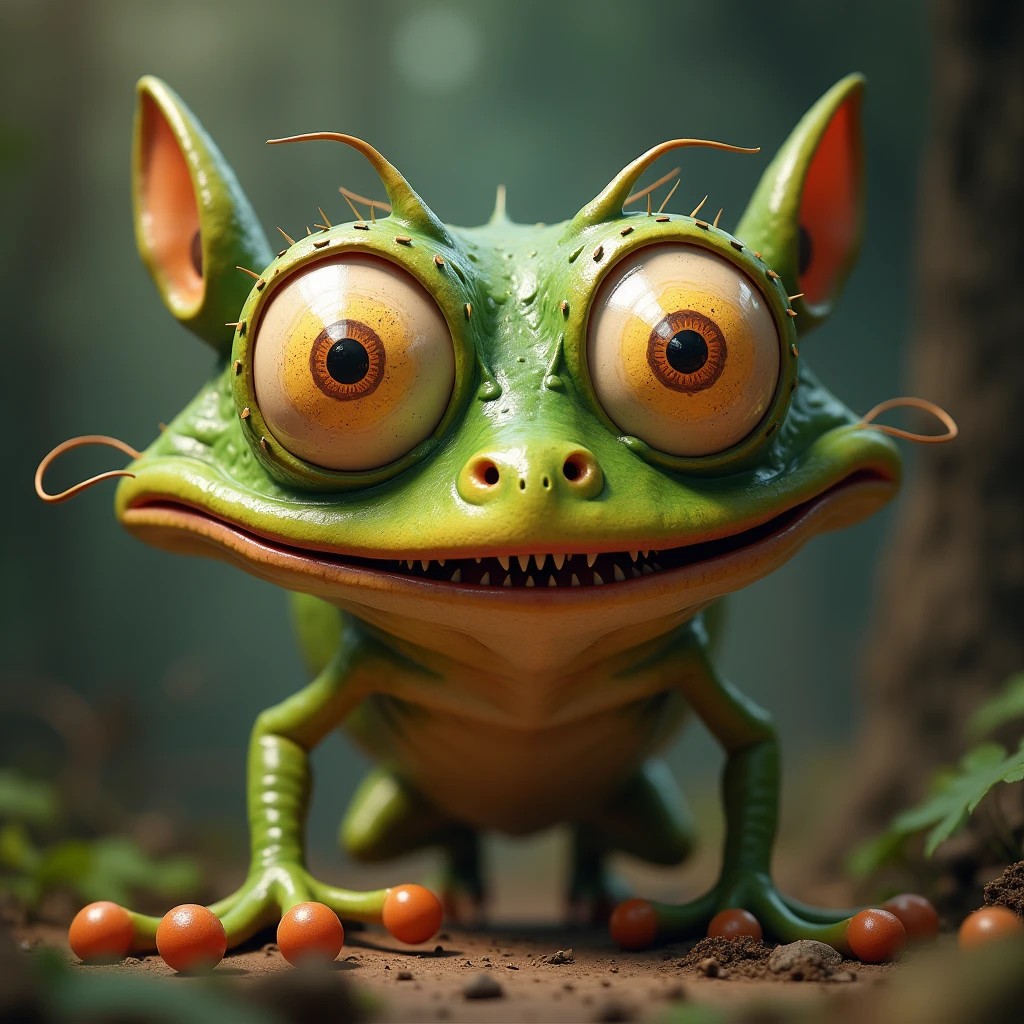 ((Best Quality:0.91),(Very detailed),(realist),Crazy funny creature with frog eyes, very crazy look, with strabismus, very funny drawing