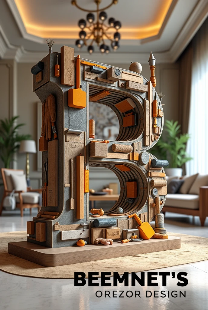 A huge letter B tilted made out of "house building materials like brush,ruller,Pencil, Roller, safty golves,Googl eye glass",background inside view of well designed house with" ceiling ,lights ,designed walls,tables, sofas and table, write boldly "Beemnet's interior Design" at the bottom