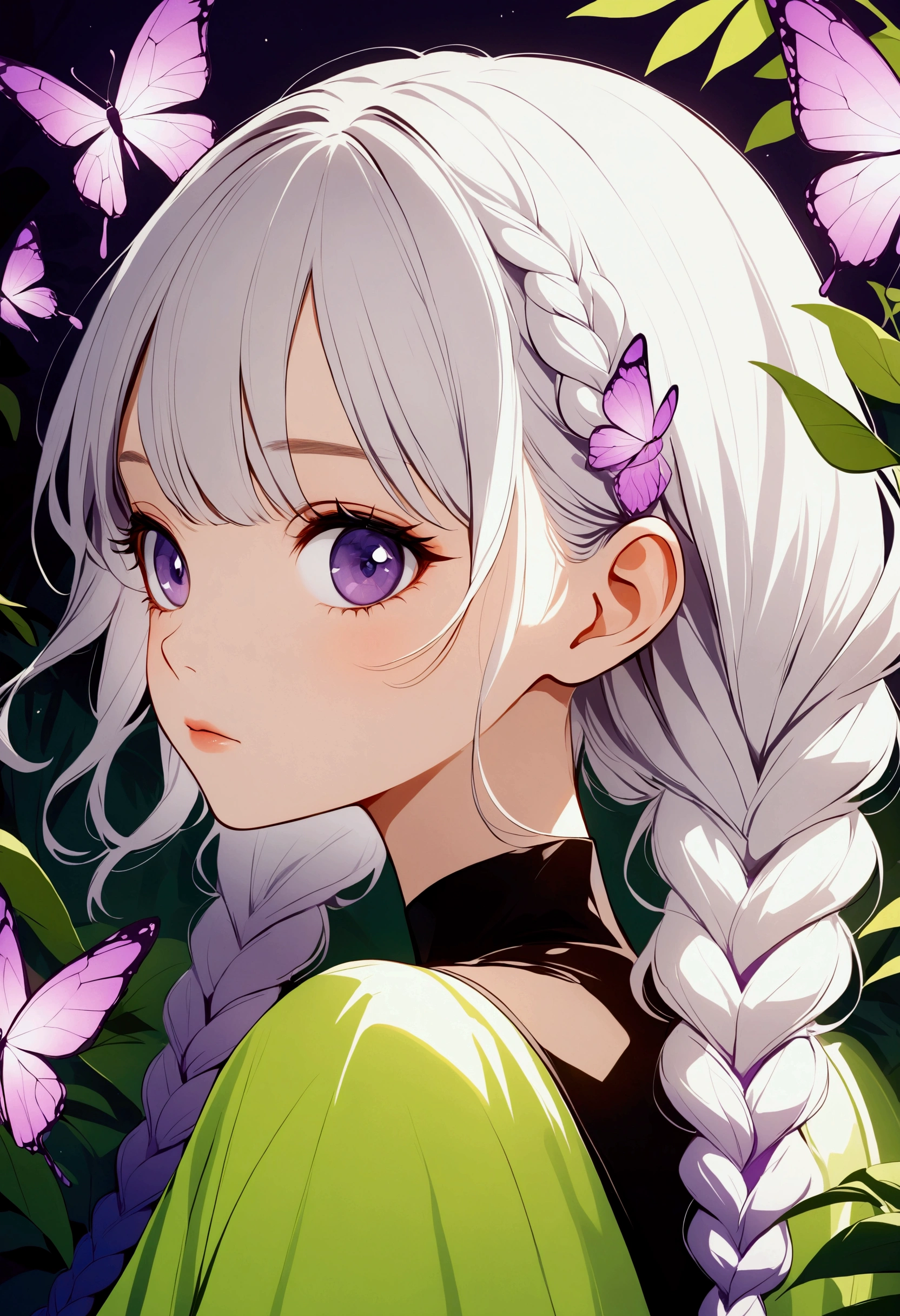 Vector illustration,Girl with two purple braids,Lovely:1.37,Purple Eyes,White hair-purple-long braids。jungle,vegetation,Lush,, Digital illustration style, Fluorescent green color scheme, Soft shadows, Simple line art, close up, Minimalism, Soft colors, Swarms of glowing butterflies,